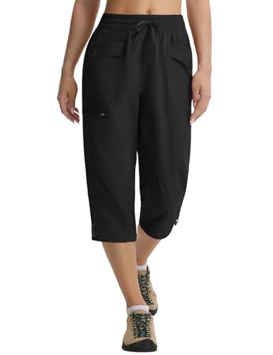 baleaf Womens Capri Pants with 7 Pockets Lightweight Quick Dry Hiking Cargo Pants for Summer Travel Casual Black L - Image 1