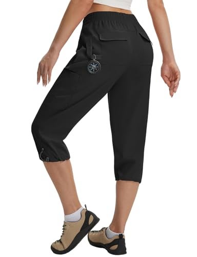 baleaf Womens Capri Pants with 7 Pockets Lightweight Quick Dry Hiking Cargo Pants for Summer Travel Casual Black L - Image 3