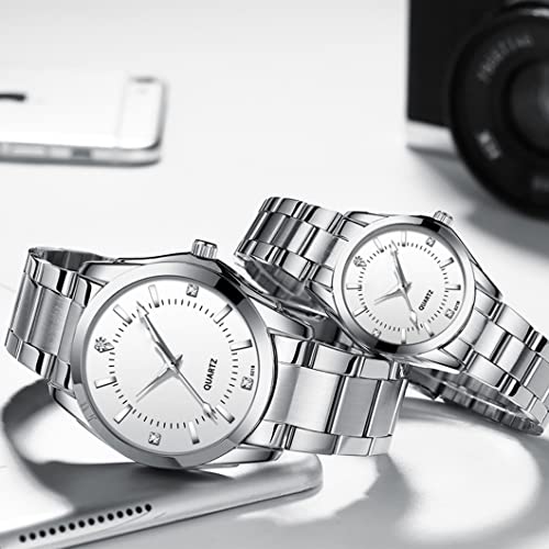 SENRUD Couple Watches Casual Men Women Stainless Steel Band His and Hers Waterproof Quartz Wristwatch Gifts Set for Lovers (Silver White) - Image 5