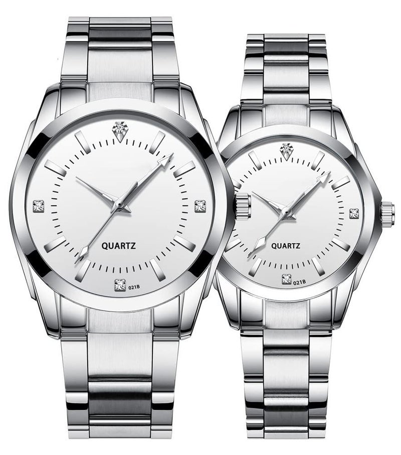 SENRUD Couple Watches Casual Men Women Stainless Steel Band His and Hers Waterproof Quartz Wristwatch Gifts Set for Lovers (Silver White) - Image 1