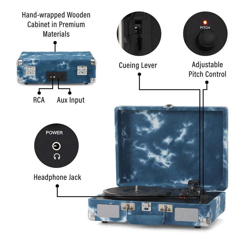 Crosley CR8005F-IN Cruiser Plus Vintage 3-Speed Bluetooth in/Out Suitcase Vinyl Record Player Turntable, Indigo - Image 3