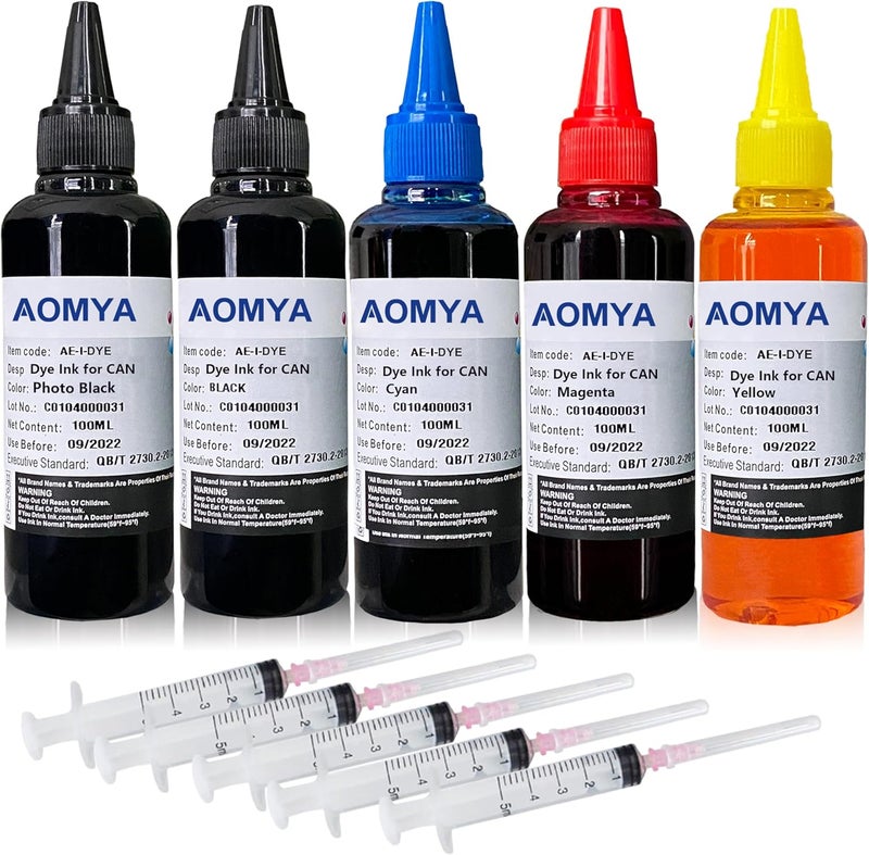 Aomya Ink Refill kit 5x100ml for Canon 250 251 270 271 280 281 1200 2200 PG240 CL241 PG245 CL246 PG210 Refillable Ink Cartridge CIS CISS System with 5 Syringes (PBK, BK, C, M, Y) - Image 1
