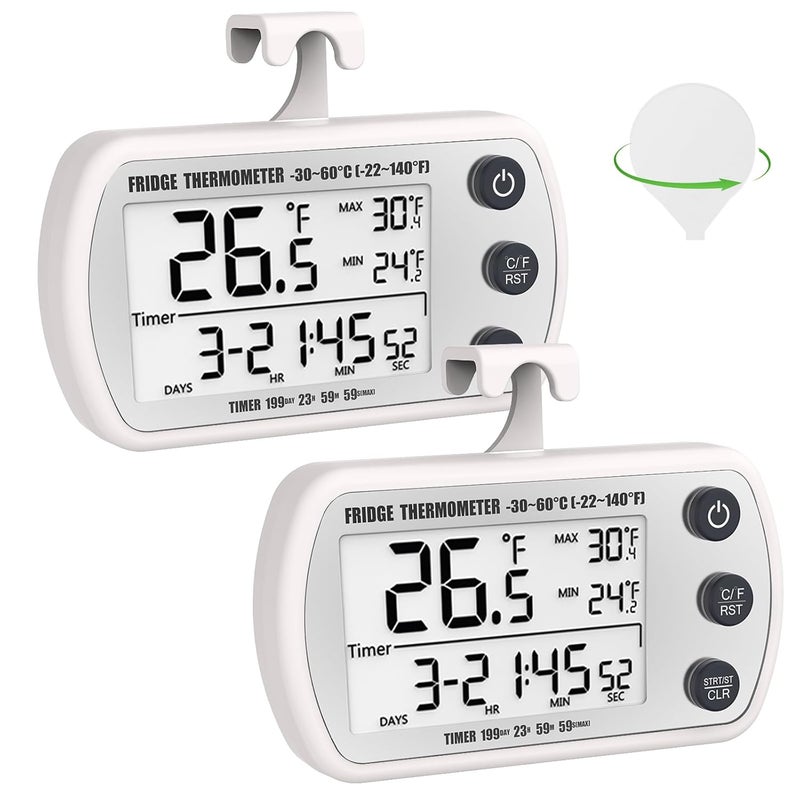 Upmi Digital Refrigerator Thermometer 2 Pack, Waterproof Fridge Thermometer, 2.25IN Large Screen Freezer Thermometer, Max/Min Record Function,Timer Function(White) - Image 1