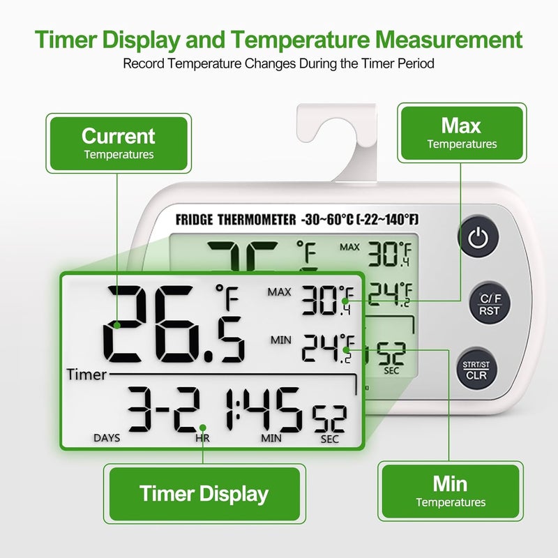 Upmi Digital Refrigerator Thermometer 2 Pack, Waterproof Fridge Thermometer, 2.25IN Large Screen Freezer Thermometer, Max/Min Record Function,Timer Function(White) - Image 3