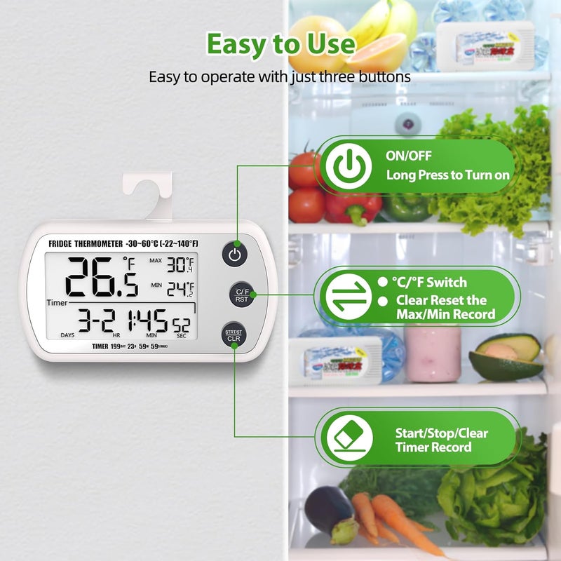 Upmi Digital Refrigerator Thermometer 2 Pack, Waterproof Fridge Thermometer, 2.25IN Large Screen Freezer Thermometer, Max/Min Record Function,Timer Function(White) - Image 4