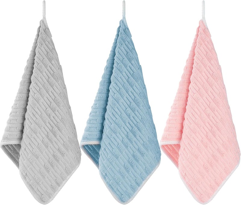 Bedvcaty Bathroom Towels Set - 3 Pack - 14 x 29 Inches Lightweight Small Extra-Absorbent Face Cloths and Soft Stripe Fingertip Towel for Bathroom, Guest Room, Children (Grey+Blue+Pink) - Image 1