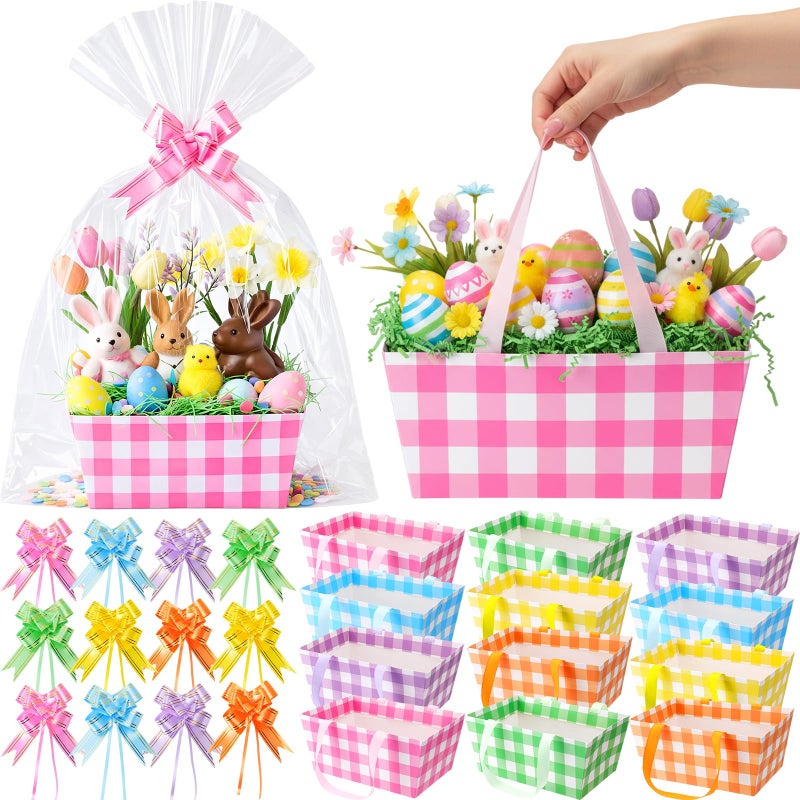 Funnymoom 12 Pcs Easter Basket for Gifts Empty with Cellophane Bag Ribbon Bow Purple Green Pink Easter Plaid Gift Wrapping Basket for Spring Birthday Wedding Party Favor Supplies 98 x 65 - Image 2