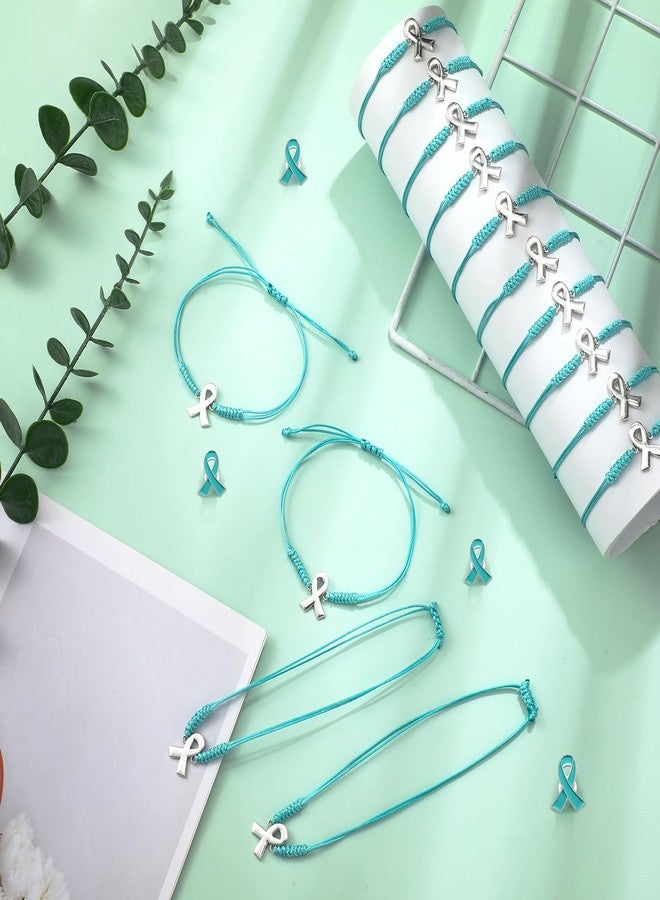 Ecation 60 Pcs Ovarian Cancer Awareness Accessories Include 30 Teal Braided Bracelets 30 Teal Ribbon Pins Ovarian Cancer Awareness Gifts for Women Survivor Jewelry - Image 4
