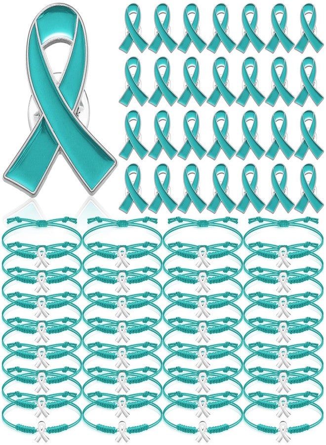 Ecation 60 Pcs Ovarian Cancer Awareness Accessories Include 30 Teal Braided Bracelets 30 Teal Ribbon Pins Ovarian Cancer Awareness Gifts for Women Survivor Jewelry - Image 1