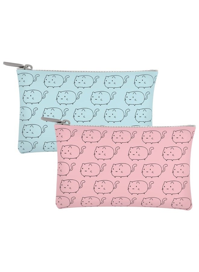 Manmihealth Cute Cat Silicone Makeup Bag for Travel, Travel Cosmetic Bag for Women, Zipper Purse Pouch for Essential Personal Items, Portable Storage Organizer Bag 2 Pack (Blue+ Pink) - Image 1