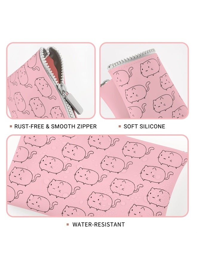 Manmihealth Cute Cat Silicone Makeup Bag for Travel, Travel Cosmetic Bag for Women, Zipper Purse Pouch for Essential Personal Items, Portable Storage Organizer Bag 2 Pack (Blue+ Pink) - Image 2
