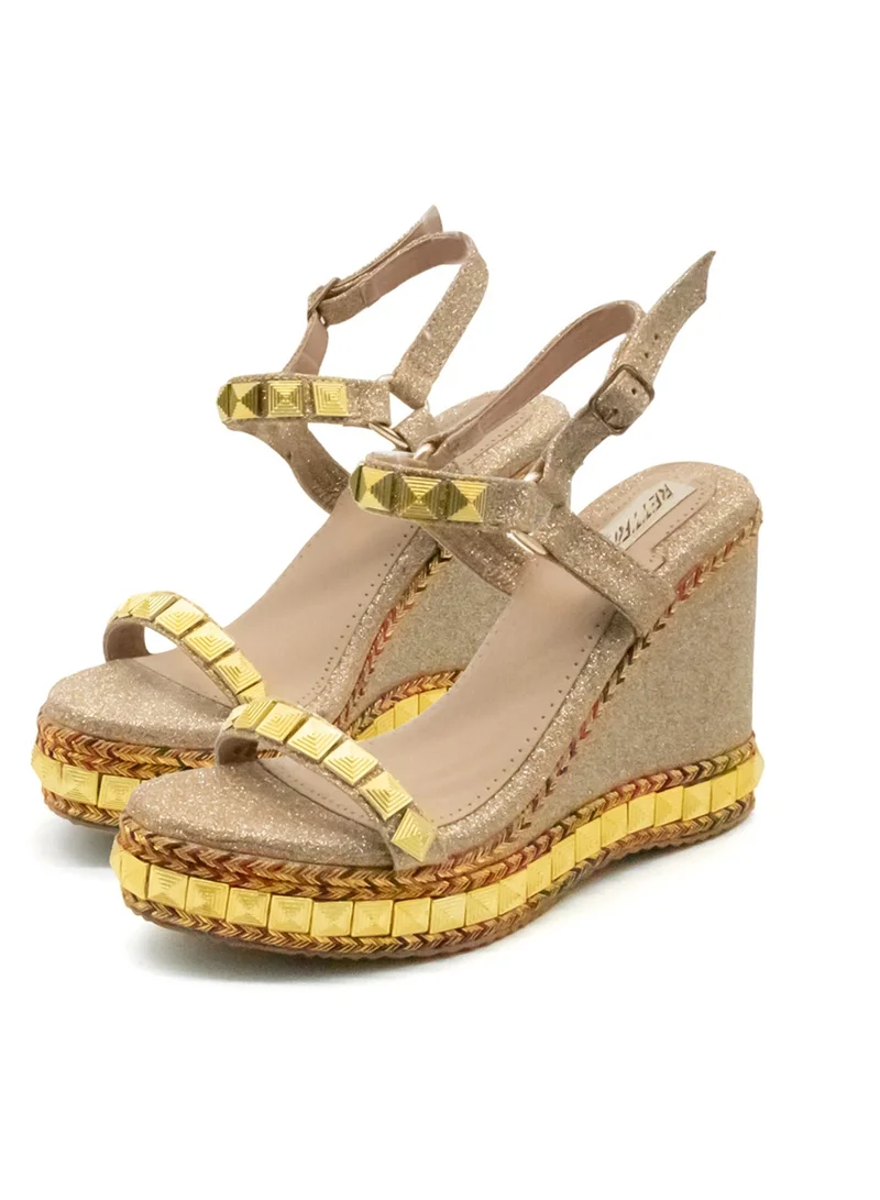 RETTROSE RETTROSE Rosalie Beige Luxury Women’s Synthetic Wedge Heels – Hand Embellished Beige High Heel Sandals