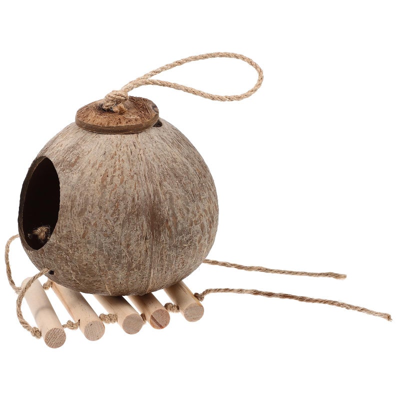 Natural Coconut Shell Bird Nest With Ladder Hanging Resting Bed For Parrots Parakeets - Image 2