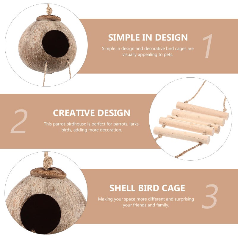 Natural Coconut Shell Bird Nest With Ladder Hanging Resting Bed For Parrots Parakeets - Image 4