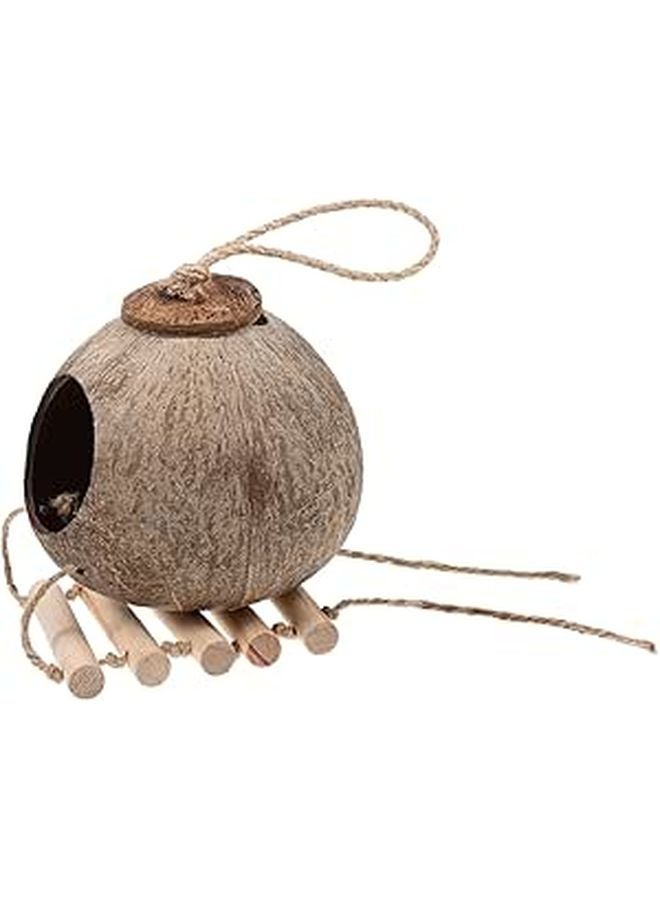 Natural Coconut Shell Bird Nest With Ladder Hanging Resting Bed For Parrots Parakeets - Image 1