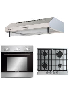 Set of Fresh Built-in Gas Hob, 60 cm, 4 Burners, Stainless Steel - HAFR60CMSC/1, with Built-in Gas Oven, 60 cm, Silver - GEFB60CMSF, with Built-in Hood, 60 cm, Stainless Steel - 60CM-UN