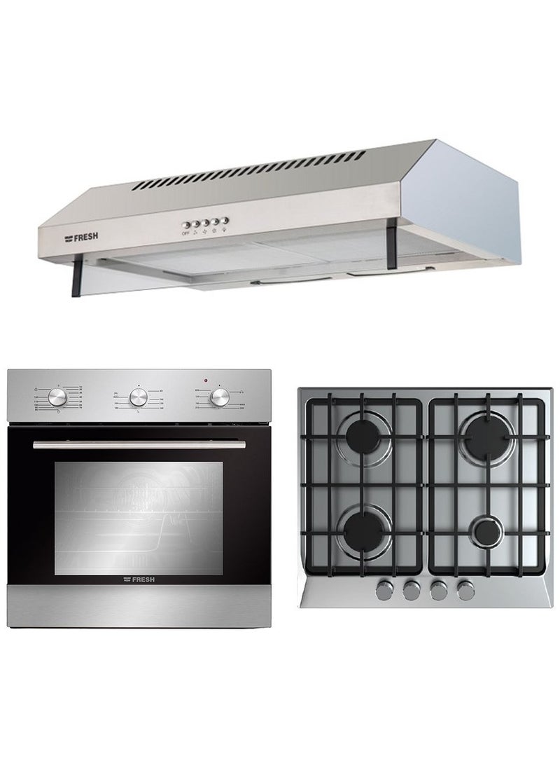 Fresh - Set of Fresh Built-in Gas Hob, 60 cm, 4 Burners, Stainless Steel - HAFR60CMSC/1, with Built-in Gas Oven, 60 cm, Silver - GEFB60CMSF, with Built-in Hood, 60 cm, Stainless Steel - 60CM-UN - Image 1