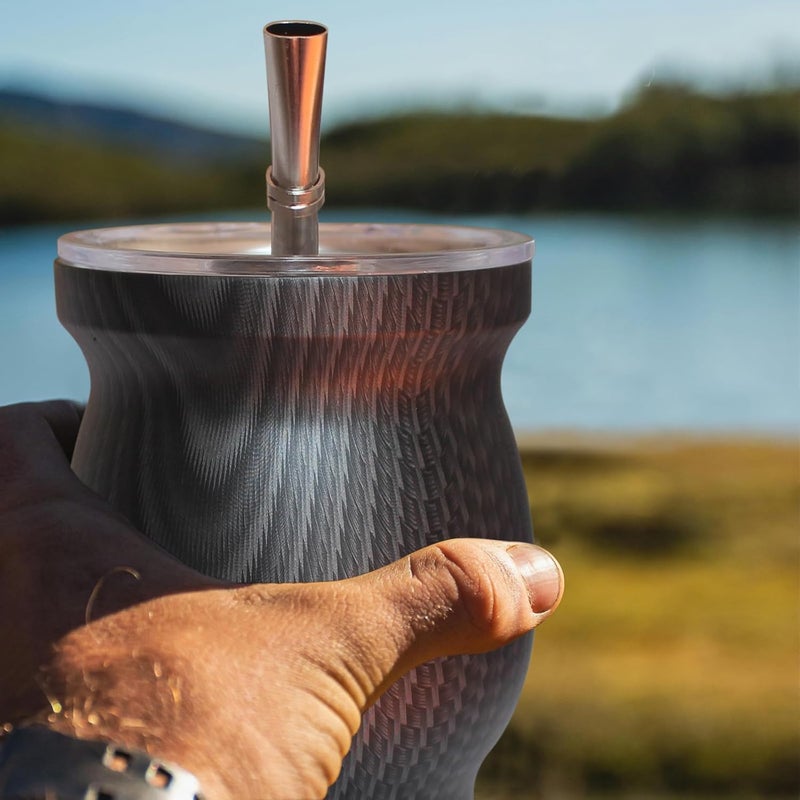 Beruth Bombilla Yerba Mate Gourd, 8oz Stainless Steel Tea Cup Set with a Multifunctional Lid, Two Straws and Cleaning Brushes, Double Walled Coffee Mug Heat Insulation Anti Scalding (Water Ripples) - Image 5
