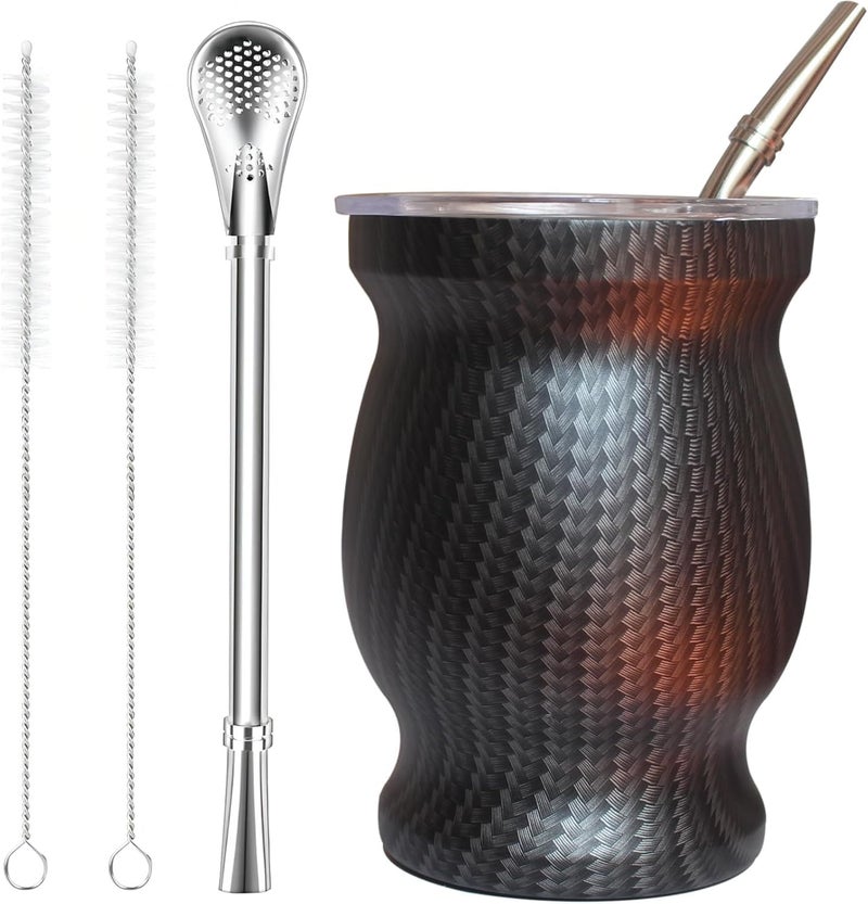 Beruth Bombilla Yerba Mate Gourd, 8oz Stainless Steel Tea Cup Set with a Multifunctional Lid, Two Straws and Cleaning Brushes, Double Walled Coffee Mug Heat Insulation Anti Scalding (Water Ripples) - Image 1