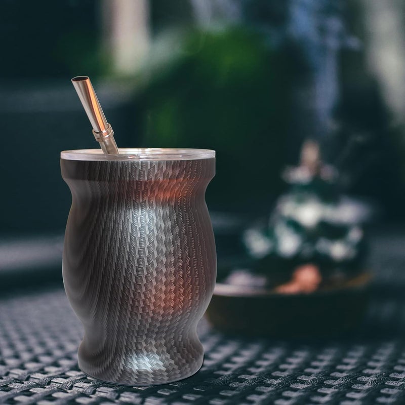 Beruth Bombilla Yerba Mate Gourd, 8oz Stainless Steel Tea Cup Set with a Multifunctional Lid, Two Straws and Cleaning Brushes, Double Walled Coffee Mug Heat Insulation Anti Scalding (Water Ripples) - Image 2