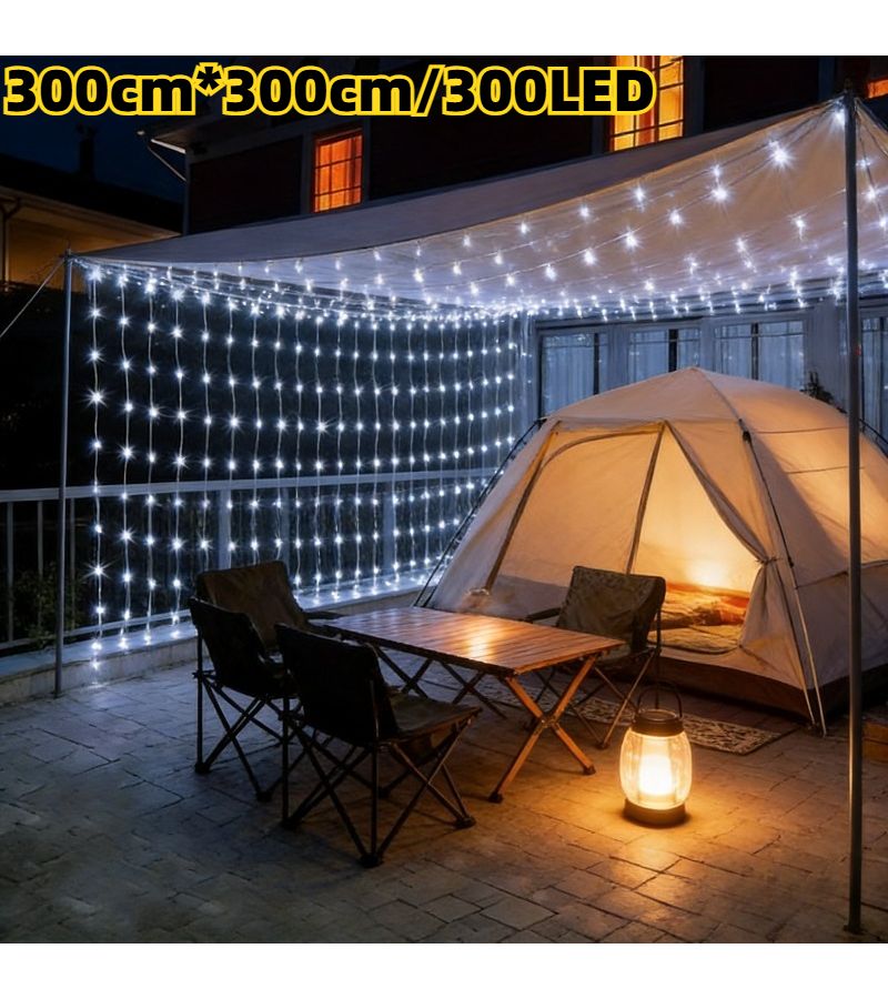 1 قطعة 300 LED أضواء خيطية ستائرية شمسية خارجية، دافئة، 118.11 × 118.11 بوصة، 8 أوضاع إضاءة، سلك نحاسي مرن، شحن شمسي، تشغيل تلقائي ليلاً ونهاراً - Image 1