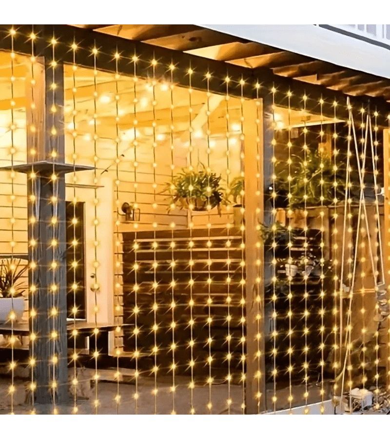 1 قطعة 300 LED أضواء خيطية ستائرية شمسية خارجية، دافئة، 118.11 × 118.11 بوصة، 8 أوضاع إضاءة، سلك نحاسي مرن، شحن شمسي، تشغيل تلقائي ليلاً ونهاراً - Image 4