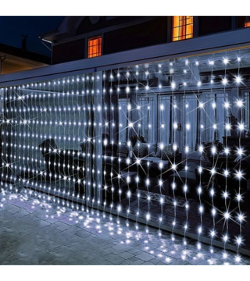 1 قطعة 300 LED أضواء خيطية ستائرية شمسية خارجية، دافئة، 118.11 × 118.11 بوصة، 8 أوضاع إضاءة، سلك نحاسي مرن، شحن شمسي، تشغيل تلقائي ليلاً ونهاراً - Image 5