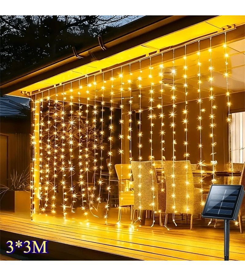 1 قطعة 300 LED أضواء خيطية ستائرية شمسية خارجية، دافئة، 118.11 × 118.11 بوصة، 8 أوضاع إضاءة، سلك نحاسي مرن، شحن شمسي، تشغيل تلقائي ليلاً ونهاراً - Image 2