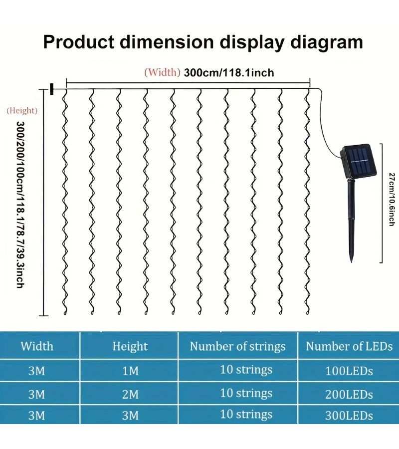 1 قطعة 300 LED أضواء خيطية ستائرية شمسية خارجية، دافئة، 118.11 × 118.11 بوصة، 8 أوضاع إضاءة، سلك نحاسي مرن، شحن شمسي، تشغيل تلقائي ليلاً ونهاراً - Image 3