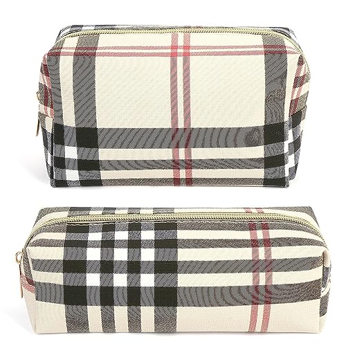 MAANGE Small Makeup Bag for Purse, 2 PCS Cosmetic Bag for Women Travel Makeup Pouch Leather Make up Bag Portable Zipper Pouch Brushes Bag - khaki plaid - Image 1