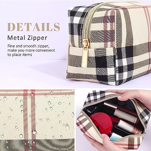 MAANGE Small Makeup Bag for Purse, 2 PCS Cosmetic Bag for Women Travel Makeup Pouch Leather Make up Bag Portable Zipper Pouch Brushes Bag - khaki plaid - Image 5