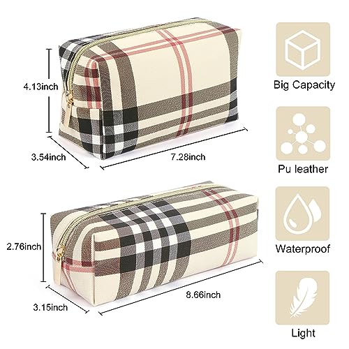 MAANGE Small Makeup Bag for Purse, 2 PCS Cosmetic Bag for Women Travel Makeup Pouch Leather Make up Bag Portable Zipper Pouch Brushes Bag - khaki plaid - Image 4