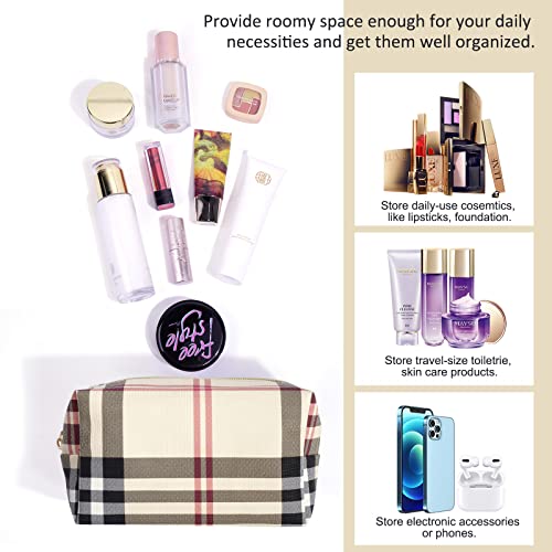 MAANGE Small Makeup Bag for Purse, 2 PCS Cosmetic Bag for Women Travel Makeup Pouch Leather Make up Bag Portable Zipper Pouch Brushes Bag - khaki plaid - Image 3