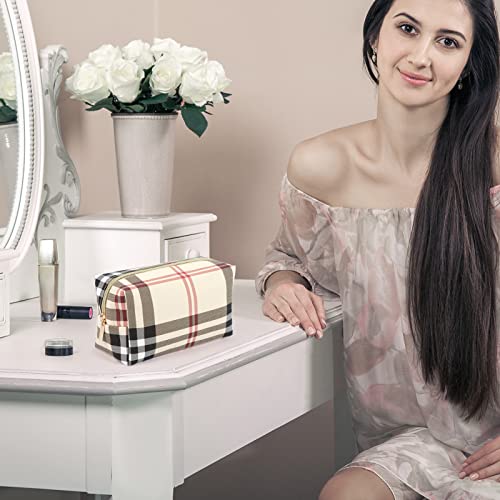 MAANGE Small Makeup Bag for Purse, 2 PCS Cosmetic Bag for Women Travel Makeup Pouch Leather Make up Bag Portable Zipper Pouch Brushes Bag - khaki plaid - Image 2