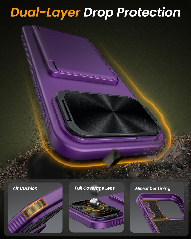 Vihibii for iPhone 17 Pro Case with Hidden Camera Stand & Wallet, Shockproof Raised Edges Protection & Build-in Mirror, Rugged Hard Back & Silicone Edge, Kickstand Wallet Cover Case, 6.3" 2025, Purple - Image 4