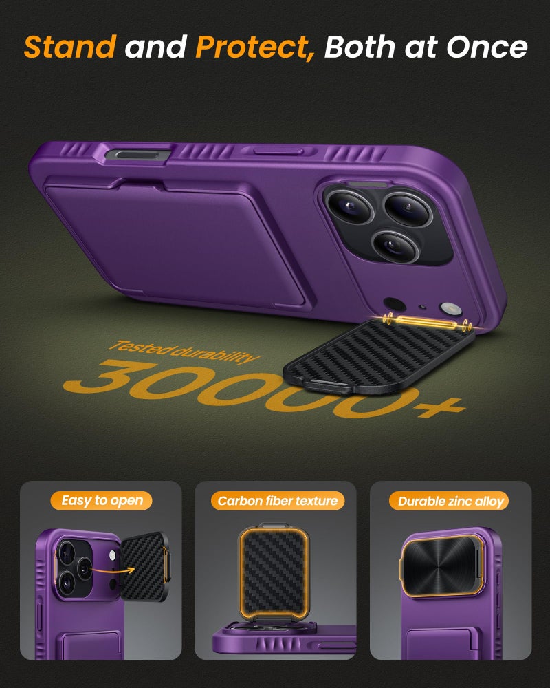 Vihibii for iPhone 17 Pro Case with Hidden Camera Stand & Wallet, Shockproof Raised Edges Protection & Build-in Mirror, Rugged Hard Back & Silicone Edge, Kickstand Wallet Cover Case, 6.3" 2025, Purple - Image 5