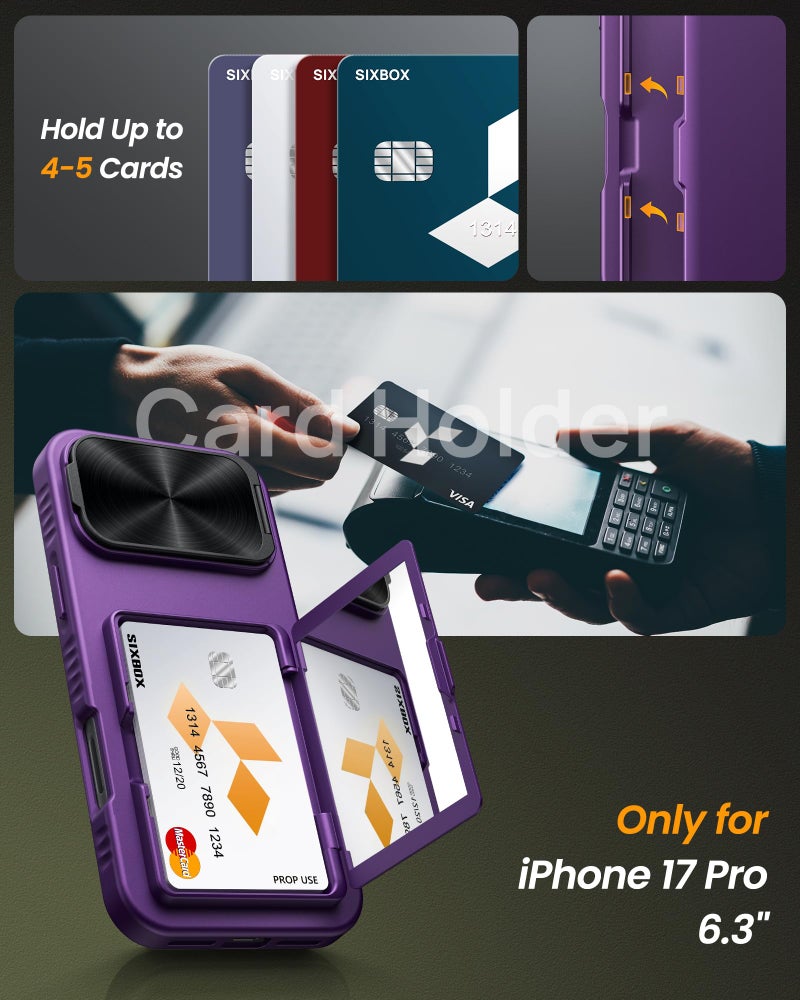 Vihibii for iPhone 17 Pro Case with Hidden Camera Stand & Wallet, Shockproof Raised Edges Protection & Build-in Mirror, Rugged Hard Back & Silicone Edge, Kickstand Wallet Cover Case, 6.3" 2025, Purple - Image 2