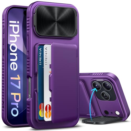 Vihibii for iPhone 17 Pro Case with Hidden Camera Stand & Wallet, Shockproof Raised Edges Protection & Build-in Mirror, Rugged Hard Back & Silicone Edge, Kickstand Wallet Cover Case, 6.3" 2025, Purple - Image 1