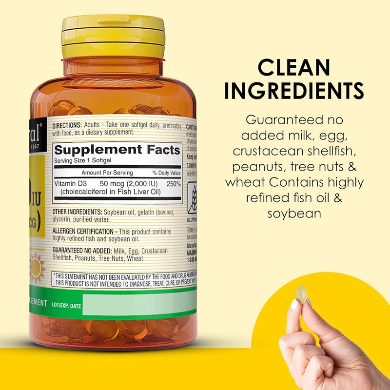 MASON NATURAL Vitamin D3 2000 IU Ultra Strength Supports Bone Density Strength  Immune Health 300 Softgels - Image 5