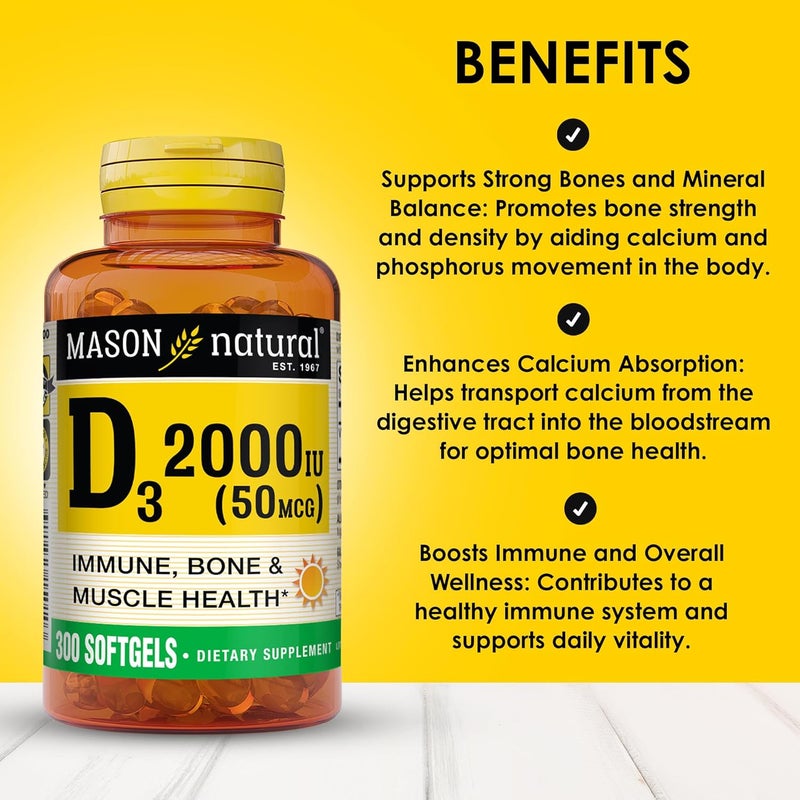 MASON NATURAL Vitamin D3 2000 IU Ultra Strength Supports Bone Density Strength  Immune Health 300 Softgels - Image 2