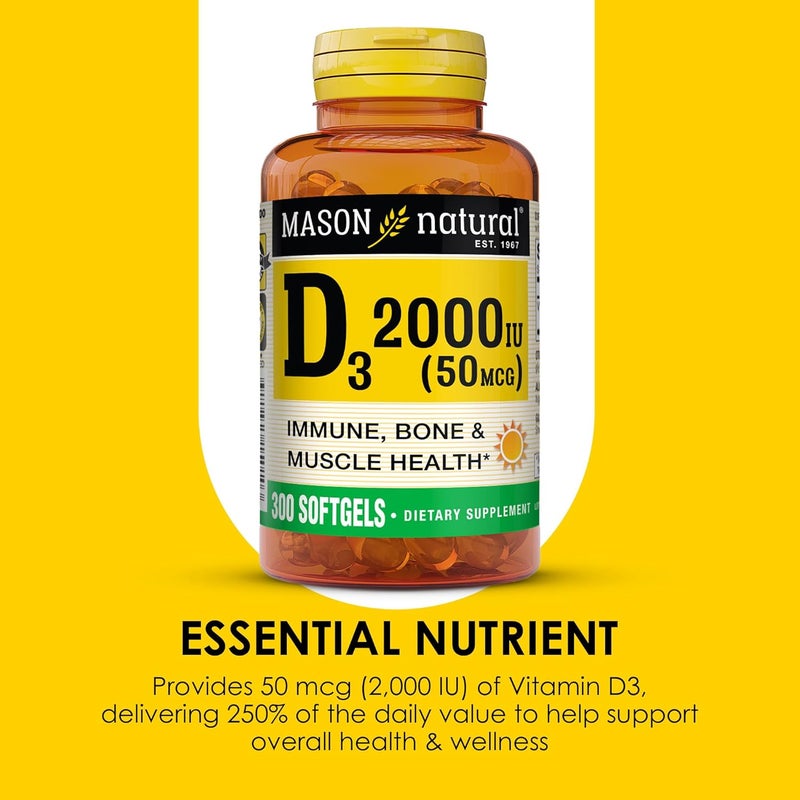 MASON NATURAL Vitamin D3 2000 IU Ultra Strength Supports Bone Density Strength  Immune Health 300 Softgels - Image 4