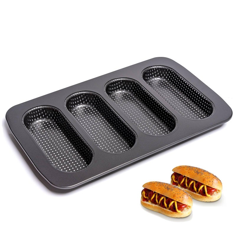 Yomvzake Hot Dot Bun Pan Perforated Carbon Steel NonStick Hotdog Bun Mold Bread Forms Crispy Mini Baguette Sandwich Baking Tray for Hot Dog Bun Rolls