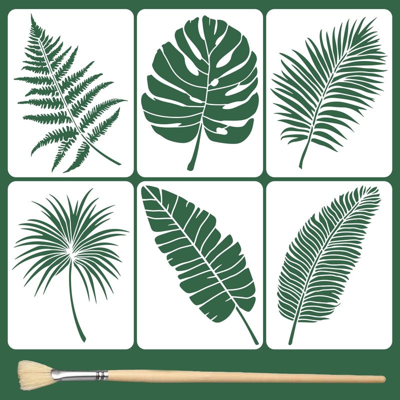 TWINKLEMON 6PCS Large Leaf Stencils for Painting on Walls 16 x 12 Inch Plant Stencil with Brushes Palm Leaf Wall Stencil Tropical Leaves Stencils Plastic Drawing Templates for Wall Furniture Fabric - Image 1