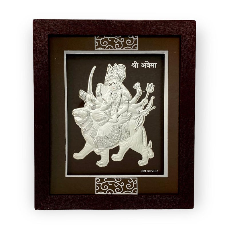 Hem Jewels 999 Pure Silver Ambe MaaDurga Maa Frame for Gifts Wedding Gift Housewarming and Return Gifts 7x5 Inches Table Top Pack of 1pc with Ready to Gift Box and Purity Certificate - Image 1