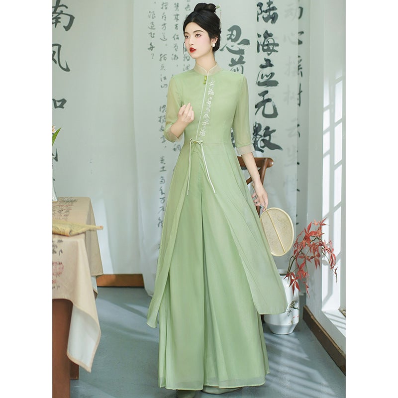9112 Chinese Style Improved Cheongsam Womens New Tea Clothing New Chinese Style Summer Womens Two-piece Set National Style dress Zen Style Green suit 9112