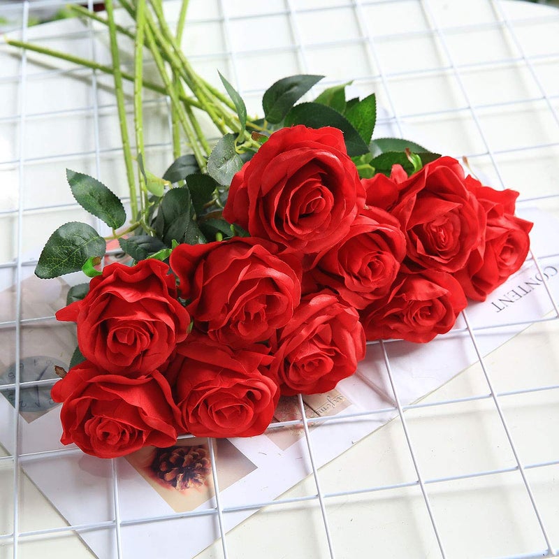 Tifuly Red Roses Artificial Flowers -12 pcs Realistic Single Long Stem Fake Silk Roses Bouquet for Party Home Wedding Centerpiece Office Christmas DIY Decor - Image 3