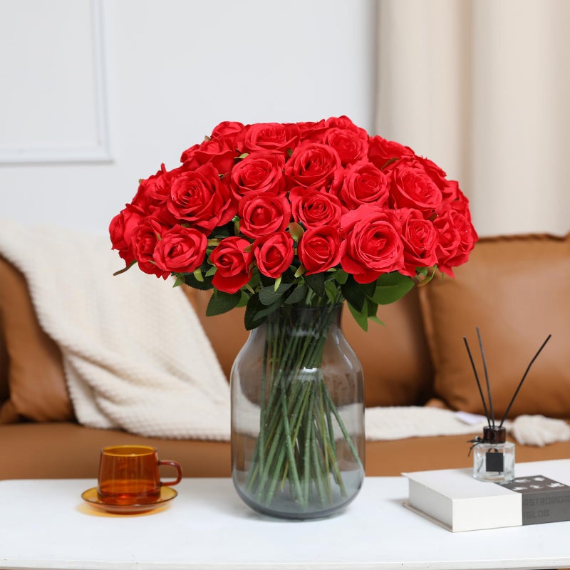 Tifuly Red Roses Artificial Flowers -12 pcs Realistic Single Long Stem Fake Silk Roses Bouquet for Party Home Wedding Centerpiece Office Christmas DIY Decor - Image 4
