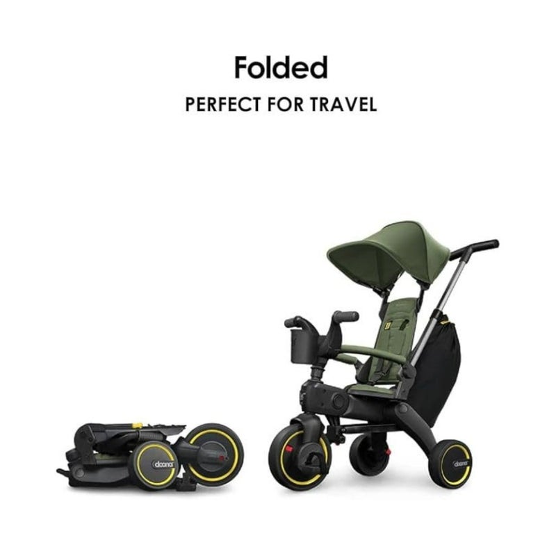 Travel stroller trike: aluminum frame, desert green, ultra-compact fold with dual steering and smooth soft-ride wheels for ultimate portability - Image 5