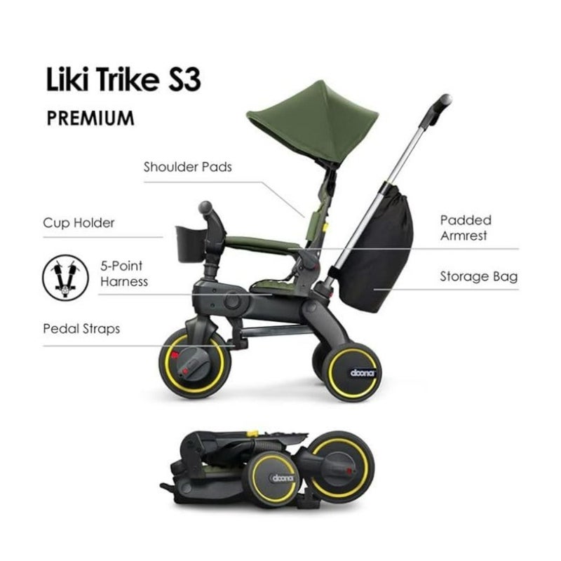 Travel stroller trike: aluminum frame, desert green, ultra-compact fold with dual steering and smooth soft-ride wheels for ultimate portability - Image 1