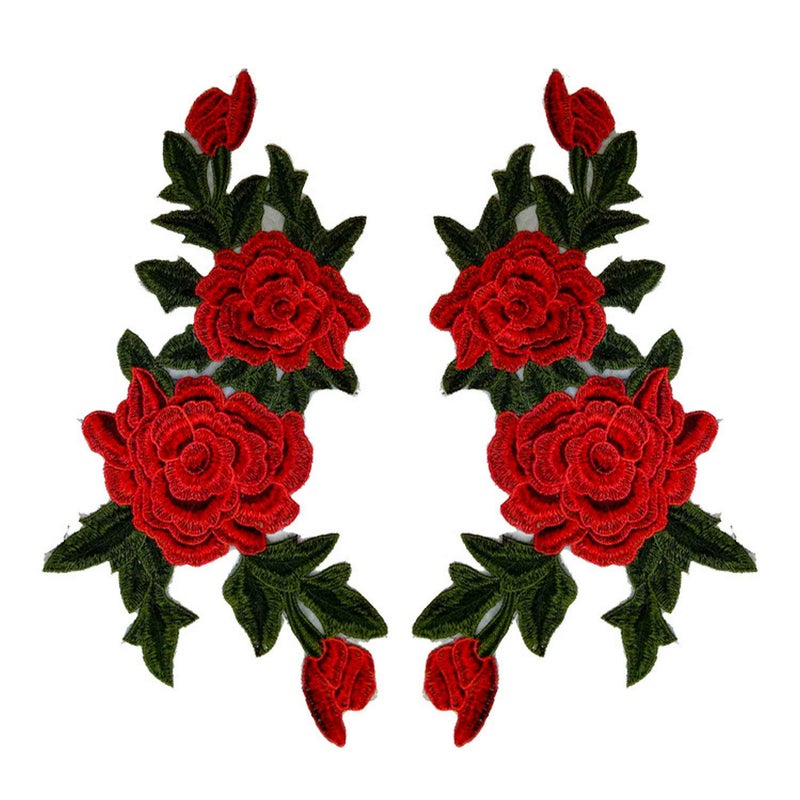 TATEELY Red Rose Cloth Paste Embroidered Sewing On Patch Ornaments Flower Stickers for Clothes Badges Sewing Fabric Applique Accessory 2 Pcs Style 1 red